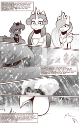 Size: 1253x1950 | Tagged: safe, artist:saturdaymorningproj, imported from derpibooru, princess amore, princess celestia, princess luna, alicorn, pony, unicorn, comic:i await a guardian, cape, clothes, female, hair over one eye, mare, monochrome, royal sisters, siblings, sisters, snow