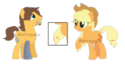 Size: 916x487 | Tagged: safe, artist:marrayala, imported from derpibooru, applejack, caramel, earth pony, pony, alternate hairstyle, amputee, base used, carajack, duo, female, five o'clock shadow, male, mare, prosthetic leg, prosthetic limb, prosthetics, shipping, simple background, stallion, straight, transparent background, watermark