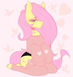 Size: 946x995 | Tagged: safe, artist:amz-iro, imported from derpibooru, fluttershy, anthro, pegasus, unguligrade anthro, breasts, choker, cleavage, clothes, female, hair over one eye, kneeling, panties, solo, sweater, sweatershy, underwear