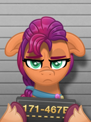 Size: 3000x4000 | Tagged: safe, artist:sol-r, imported from derpibooru, sunny starscout, earth pony, pony, absurd file size, female, floppy ears, frown, g5, grumpy, high res, mare, mugshot, my little pony: a new generation, solo, sunny starscout is not amused, unamused