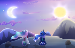 Size: 2978x1896 | Tagged: safe, artist:zara-xx, imported from derpibooru, princess celestia, princess luna, alicorn, pony, between dark and dawn, clothes, cloud, crescent moon, day and night, duo, ethereal mane, female, folded wings, hawaiian shirt, horn, looking up, mare, moon, mountain, mountain range, royal sisters, scene interpretation, shirt, siblings, sisters, sitting, sky, starry mane, stars, sun, sun and moon, windswept mane, wings