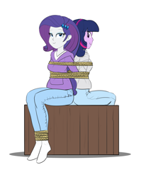 Size: 3669x4607 | Tagged: safe, artist:carnifex, imported from derpibooru, rarity, twilight sparkle, equestria girls, arm behind back, back to back, bondage, bound together, duo, duo female, female, rope, rope bondage, simple background, sitting, smiling, white background
