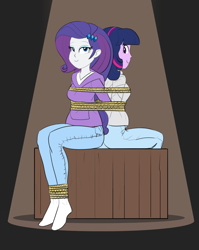 Size: 3669x4607 | Tagged: safe, alternate version, artist:carnifex, imported from derpibooru, rarity, twilight sparkle, equestria girls, arm behind back, back to back, bondage, bound together, duo, duo female, female, rope, rope bondage, sitting, smiling