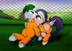 Size: 1380x975 | Tagged: safe, artist:skyeypony, imported from derpibooru, oc, oc only, oc:galactic lights, oc:wozzy, clothes, duo, fence, prison outfit, prisoner, wing cuffs