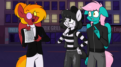 Size: 3000x1652 | Tagged: safe, artist:moonatik, imported from derpibooru, oc, oc only, oc:cid, oc:isabelle incraft, oc:izzy, oc:moonatik, anthro, earth pony, pegasus, alternate timeline, beret, clothes, contract, deltarune, earth pony oc, female, floppy ears, glasses, hair bun, hat, male, mare, mime, new lunar millennium, nightmare takeover timeline, pegasus oc, spamton, stallion, story included
