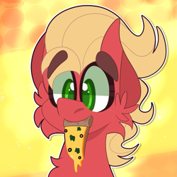 Size: 1629x1629 | Tagged: safe, artist:saveraedae, imported from derpibooru, sprout cloverleaf, earth pony, pony, bust, cheek fluff, chest fluff, cute, ear fluff, eyebrows, food, g5, male, my little pony: a new generation, nom, pizza, portrait, slice of pizza, solo, sproutbetes, stallion