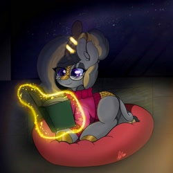 Size: 2000x2000 | Tagged: safe, imported from derpibooru, oc, oc:luxury royale, kirin, pony, book, clothes, cushion, glasses, horn, magic, reading, solo, sweater