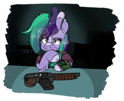 Size: 678x551 | Tagged: safe, artist:orbitingdamoon, imported from derpibooru, oc, oc only, oc:tutti frutti, kirin, pony, bow, crossover, fallout, glasses, gun, interrogation, pipboy, round glasses, simple background, solo, table, transparent background, weapon