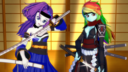 Size: 1920x1080 | Tagged: safe, artist:ratachu666, imported from derpibooru, rainbow dash, rarity, equestria girls, 3d, duo, katana, koikatsu, sword, weapon