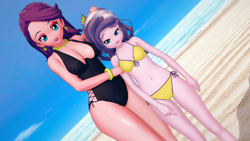 Size: 1920x1080 | Tagged: safe, artist:ratachu666, imported from derpibooru, diamond tiara, spoiled rich, equestria girls, 3d, beach, bikini, breasts, busty spoiled rich, child, clothes, daughter, duo, duo female, equestria girls-ified, female, koikatsu, legs together, looking at you, mother, mother and child, mother and daughter, one-piece swimsuit, side-tie bikini, swimsuit, yellow bikini, yellow bikini bottom, yellow bikini top