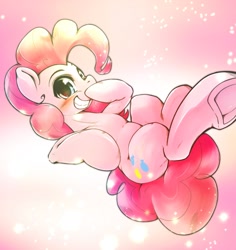 Size: 1523x1612 | Tagged: safe, artist:kurogewapony, imported from derpibooru, pinkie pie, earth pony, pony, abstract background, blushing, cute, diapinkes, female, looking at you, lying down, mare, on back, smiling, smiling at you, solo, underhoof