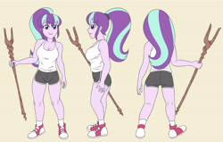 Size: 5373x3425 | Tagged: safe, artist:sumin6301, imported from derpibooru, starlight glimmer, equestria girls, clothes, converse, female, ponytail, shoes, shorts, simple background, sneakers, solo, staff, staff of sameness