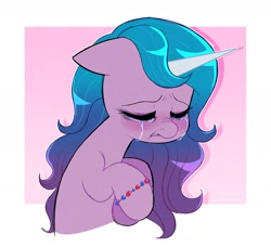 Size: 2120x1934 | Tagged: safe, artist:syrupyyy, imported from derpibooru, izzy moonbow, pony, unicorn, abstract background, blushing, bracelet, crying, eyes closed, female, floppy ears, frown, g5, high res, izzy moodbow, jewelry, mare, my little pony: a new generation, sad, solo, teeth