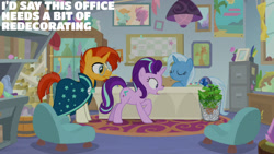 Size: 1280x720 | Tagged: safe, edit, edited screencap, editor:quoterific, imported from derpibooru, screencap, phyllis, starlight glimmer, sunburst, trixie, pony, unicorn, a horse shoe-in, season 9, cloak, clothes, eyes closed, female, glasses, male, mare, open mouth, school of friendship, smiling, stallion, starlight's office, sunburst's cloak, sunburst's glasses, trash can
