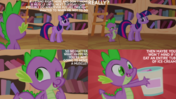 Size: 1280x720 | Tagged: safe, edit, edited screencap, editor:quoterific, imported from derpibooru, screencap, spike, twilight sparkle, dragon, pony, unicorn, it's about time, season 2, duo, female, food, frown, golden oaks library, ice cream, male, mare, open mouth, open smile, smiling, unicorn twilight