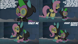 Size: 1280x720 | Tagged: safe, edit, edited screencap, editor:quoterific, imported from derpibooru, screencap, fluttershy, spike, dragon, pegasus, pony, season 9, sparkle's seven, spoiler:s09, bunny ears, clothes, costume, dangerous mission outfit, female, goggles, hoodie, male, mare, open mouth, open smile, smiling, winged spike, wings