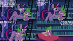 Size: 1280x720 | Tagged: safe, edit, edited screencap, editor:quoterific, imported from derpibooru, screencap, spike, twilight sparkle, alicorn, dragon, pony, father knows beast, season 8, duo, female, hug, library, male, mare, open mouth, open smile, smiling, twilight sparkle (alicorn), twilight's castle, twilight's castle library, winged spike, wings