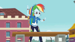 Size: 640x360 | Tagged: safe, imported from derpibooru, screencap, rainbow dash, sci-twi, twilight sparkle, equestria girls, equestria girls series, stressed in show, stressed in show: rainbow dash, animated, canterlot high, clothes, cutie mark on clothes, eyes closed, female, geode of super speed, gif, gifs.com, glasses, hoodie, jewelry, karate, magical geodes, necklace, open mouth, open smile, shrunken pupils, smiling, this ended in pain