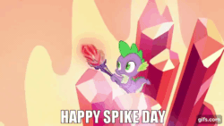Size: 640x360 | Tagged: safe, edit, edited screencap, editor:quoterific, imported from derpibooru, screencap, spike, dragon, gauntlet of fire, season 6, animated, gif, gifs.com, impact font, male, open mouth, solo, spike day, text, wide eyes