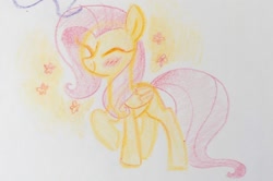 Size: 1280x850 | Tagged: safe, artist:kluzart, imported from derpibooru, fluttershy, pegasus, pony, blushing, cute, eyes closed, happy, raised hoof, shyabetes, smiling, solo, traditional art