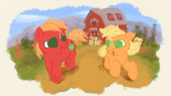 Size: 1280x719 | Tagged: safe, artist:kluzart, imported from derpibooru, apple bloom, applejack, big macintosh, bright mac, pear butter, earth pony, pony, colt big macintosh, female, filly, filly applejack, male, younger