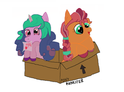 Size: 4363x3254 | Tagged: safe, artist:hunkster, imported from derpibooru, izzy moonbow, sunny starscout, earth pony, pony, unicorn, box, duo, female, g5, mouth hold, my little pony: a new generation, pony in a box, sign, simple background, white background