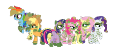 Size: 1667x728 | Tagged: safe, artist:sunmint234, imported from derpibooru, applejack, fluttershy, pinkie pie, rainbow dash, rarity, twilight sparkle, alicorn, earth pony, pegasus, pony, unicorn, the cutie re-mark, alternate timeline, angry, chrysalis resistance timeline, hair, hat, mane six, twilight sparkle (alicorn)