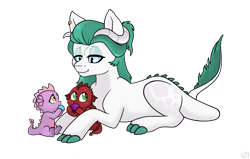 Size: 1500x953 | Tagged: safe, artist:rukawa93, imported from derpibooru, oc, oc only, oc:crystal gem, dracony, dragon, hybrid, baby, baby dragon, babysitting, eating, gem, interspecies offspring, lying down, offspring, parent:rarity, parent:spike, parents:sparity, prone, simple background, transparent background
