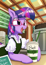 Size: 1024x1449 | Tagged: safe, artist:neoshrek, imported from derpibooru, twilight sparkle, pony, unicorn, apron, clothes, coffee, coffee cup, cup, glasses, happy, smiling, solo, unicorn twilight
