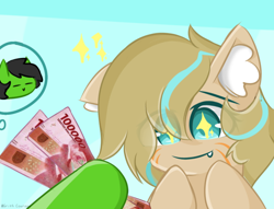 Size: 1300x995 | Tagged: source needed, useless source url, safe, artist:grithcourage, imported from derpibooru, oc, oc:anon, oc:grith courage, earth pony, pony, adorable face, cute, ear fluff, excited, fangs, hopping, indonesia, money, rupiah, simple background