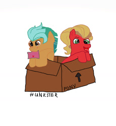 Size: 1280x1392 | Tagged: safe, artist:hunkster, imported from derpibooru, hitch trailblazer, sprout cloverleaf, earth pony, pony, box, g5, male, my little pony: a new generation, pony in a box, simple background, white background
