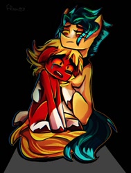 Size: 1135x1500 | Tagged: safe, artist:fraumflug, artist:saanyaaa_, imported from derpibooru, hitch trailblazer, sprout cloverleaf, earth pony, pony, best friends, best friends until the end of time, black background, bloodshot eyes, caring, crying, depressed, duo, g5, gay, hitchsprout, hug, male, my little pony: a new generation, sad, shipping, simple background, sproutbetes, stallion