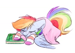 Size: 1842x1310 | Tagged: safe, artist:lbrcloud, imported from derpibooru, rainbow dash, pegasus, pony, blanket, book, clothes, cute, dashabetes, female, mare, simple background, sleeping, socks, solo, striped socks, white background