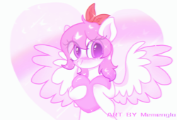 Size: 2131x1448 | Tagged: safe, artist:memengla, imported from derpibooru, oc, oc only, pegasus, pony, female, heart, looking at you, simple background, solo, spread wings, wings