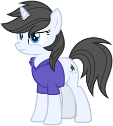 Size: 1024x1142 | Tagged: safe, artist:pegasski, imported from derpibooru, oc, oc only, oc:gray area, pony, unicorn, black mane, black tail, blue eyes, clothes, female, frown, full body, hooves, horn, mare, outline, shirt, show accurate, simple background, solo, standing, tail, three quarter view, transparent background, unicorn oc, white outline