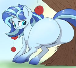 Size: 1345x1200 | Tagged: safe, artist:ahobobo, imported from derpibooru, oc, oc only, oc:urban wave, pony, unicorn, apple, applebucking, blank flank, bottom heavy, butt, fat, female, huge butt, large butt, pear shaped, plot, satisfied, solo, the ass was fat, thick, tree, wide hips, wide load, wrecking ball