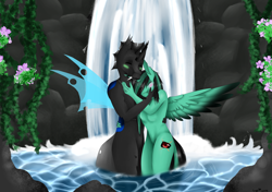 Size: 8500x6000 | Tagged: safe, artist:ginnythequeen, imported from derpibooru, oc, oc:404, oc:ginny, alicorn, anthro, changeling, 40nny, couple, flower, love, stone, water, waterfall