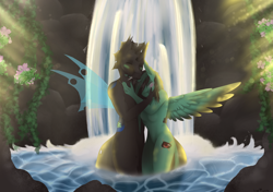 Size: 8500x6000 | Tagged: safe, artist:ginnythequeen, imported from derpibooru, oc, oc:404, oc:ginny, alicorn, anthro, changeling, 40nny, couple, love, stone, waterfall