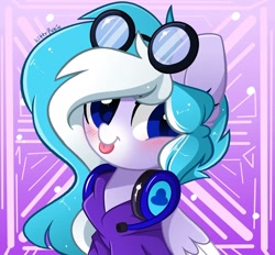 Size: 1440x1337 | Tagged: safe, artist:kittyrosie, imported from derpibooru, oc, oc only, oc:skydrive, pegasus, pony, blushing, clothes, cute, goggles, headphones, headset, hoodie, looking at you, raspberry, smiling, solo, tongue out