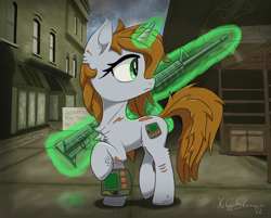 Size: 2710x2175 | Tagged: safe, artist:itchystomach, imported from derpibooru, oc, oc only, oc:littlepip, pony, unicorn, fallout equestria, building, chest fluff, city, digital art, ear fluff, female, full body, glowing, glowing horn, gun, horn, looking offscreen, m4, magic, magic glow, mare, outdoors, pipbuck, profile, raised hoof, rifle, scar, side view, sign, solo, standing, telekinesis, unicorn oc, weapon