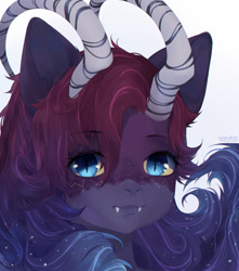 Size: 1280x1451 | Tagged: safe, artist:qawakie, imported from derpibooru, oc, oc only, pony, bust, ethereal mane, fangs, horns, simple background, slit pupils, solo, starry mane, white background