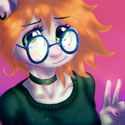 Size: 2000x2000 | Tagged: safe, artist:porcelanowyokular, imported from derpibooru, oc, oc only, anthro, earth pony, abstract background, bust, choker, ear piercing, earring, earth pony oc, eyelashes, female, glasses, jewelry, peace sign, piercing, smiling, solo