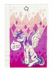 Size: 2083x2833 | Tagged: safe, artist:porcelanowyokular, imported from derpibooru, twilight sparkle, alicorn, pony, female, graph paper, mare, smiling, solo, talking, traditional art, twilight sparkle (alicorn)