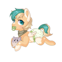 Size: 1000x1000 | Tagged: safe, artist:veincchi, imported from derpibooru, oc, oc only, oc:sun light, pegasus, pony, baby, baby pony, blushing, commission, cute, diaper, female, filly, foal, lying down, pacifier, pegasus oc, plushie, simple background, solo, transparent background, wings, ych result, your character here