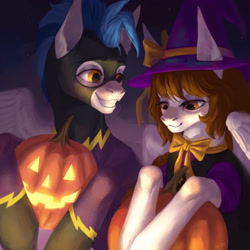 Size: 1280x1280 | Tagged: safe, artist:inarimayer, imported from derpibooru, oc, oc only, oc:aerial aim, oc:whirlwind flux, pegasus, pony, bust, clothes, costume, duo, female, grin, halloween, holiday, jack-o-lantern, male, mare, pegasus oc, pumpkin, shadowbolts costume, smiling, stallion, wings, witch