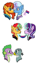 Size: 600x1050 | Tagged: safe, artist:littlemushroomsnail, imported from derpibooru, gabby, spike, starlight glimmer, sunburst, sunset shimmer, trixie, dragon, griffon, pony, unicorn, bisexual, bisexual pride flag, cloak, clothes, curved horn, female, gigachad spike, glasses, horn, interspecies, lesbian, male, mare, older, older gabby, older spike, older starlight glimmer, older sunburst, older sunset, older trixie, pride, pride flag, shimmerglimmer, shipping, spabby, stallion, straight, sunburst's cloak, sunburst's glasses, trixburst