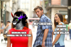 Size: 851x571 | Tagged: safe, imported from derpibooru, king sombra, human, pony, unicorn, distracted boyfriend meme, female, g5, hilarious in hindsight, male, meme, my little pony: a new generation, solo, spoiler