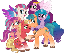 Size: 4830x4000 | Tagged: safe, artist:limedazzle, imported from derpibooru, hitch trailblazer, izzy moonbow, pipp petals, sprout cloverleaf, sunny starscout, zipp storm, earth pony, pegasus, pony, unicorn, best friends, blushing, cute, female, g4, g5, g5 to g4, group hug, holding hooves, hug, implied hitchsprout, looking at each other, looking at someone, male, mane five (g5), mare, my little pony: a new generation, new mane six (g5), siblings, simple background, sisters, sproutbetes, stallion, transparent background