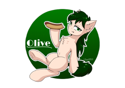 Size: 3508x2480 | Tagged: safe, artist:hugo231929, imported from derpibooru, oc, oc:olive, earth pony, pony, alternate design, chest fluff, eating, food, looking at you, meat, messy hair, messy mane, messy tail, ponies eating meat, pose, poster, sausage, solo, tail