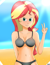 Size: 3072x3973 | Tagged: safe, artist:film77asq, imported from derpibooru, sunset shimmer, equestria girls, beach, bikini, clothes, female, human coloration, peace sign, solo, swimsuit